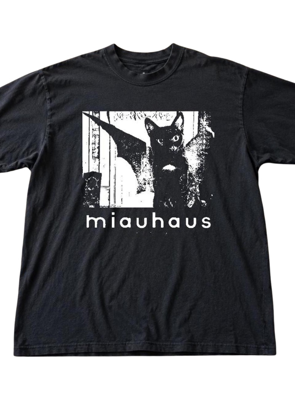 Gildan Black Tee with White 'miauhau s' Cat Graphic, Gift For Her, For Him